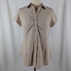 Columbia Beige Short-Sleeve Ruched Front Button-Down Shirt